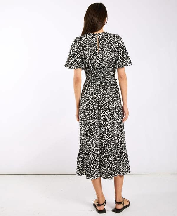 Black Animal Smock Waisted Midi Dress back