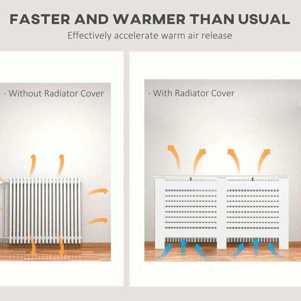 White radiator cover with horizontal slats; comparison graphic on screen background.