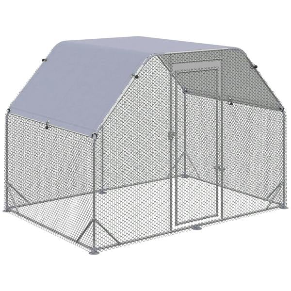 Silver chicken coop with roof, wire mesh enclosure and front access door