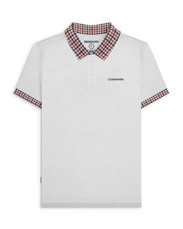 Lambretta Mens Classic Dress Gingham Mod Retro Ska Casual Polo,white polo shirt with checkered collar and sleeve cuffs, embroidered Lambretta logo on chest.