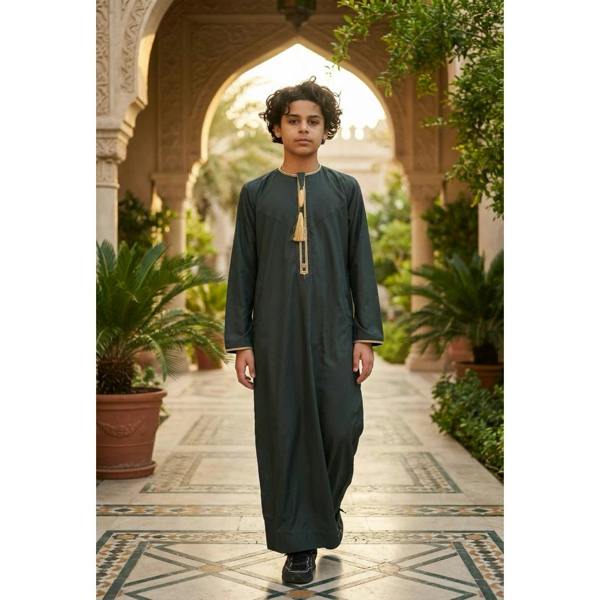 TT-003 - Boy's Emirati Omani Gold Tassel Embroidery Thobe - Green - Thobez - 16