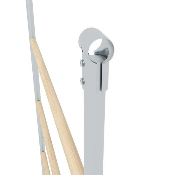 Chicken roosting ladder bracket and circular connector on light gray post with natural wood rung.