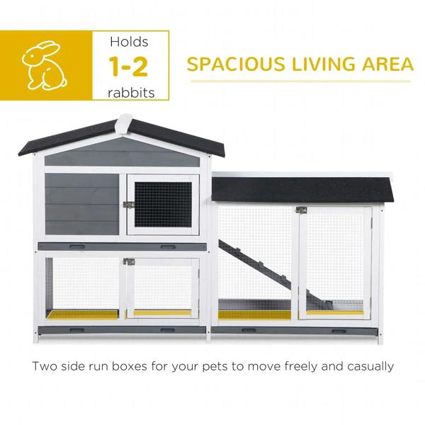 Grey wooden 2-tier rabbit hutch with side run openings and wire-mesh panels