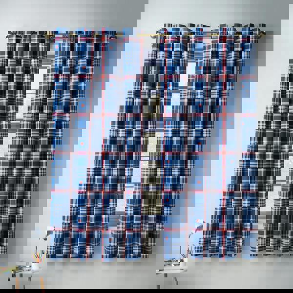 Catherine Lansfield Stars And Check Fully Reversible Eyelet Curtains Blue