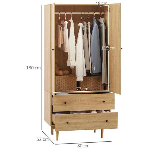 Natural wood wardrobe with two doors, hanging rail, and two drawers in open cabinet