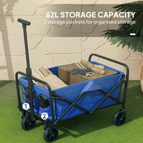 Bobobiy 62L Festival Trolley on Wheels, 120kg Heavy Duty Collapsible Folding Wagon with Adjustable Handle and Carrying Bag for Beach, Blue