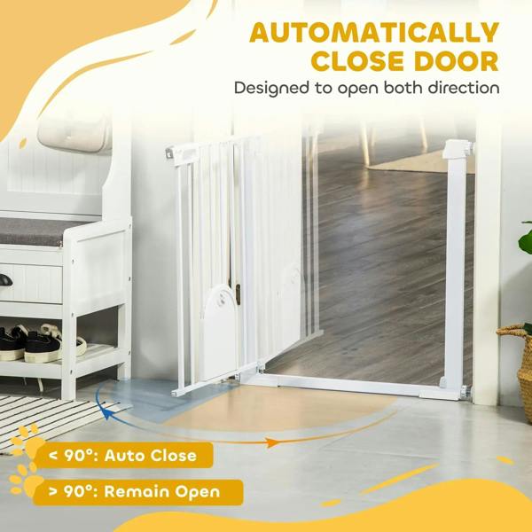 White pet safety gate with door panel open and auto-close function angle indicator