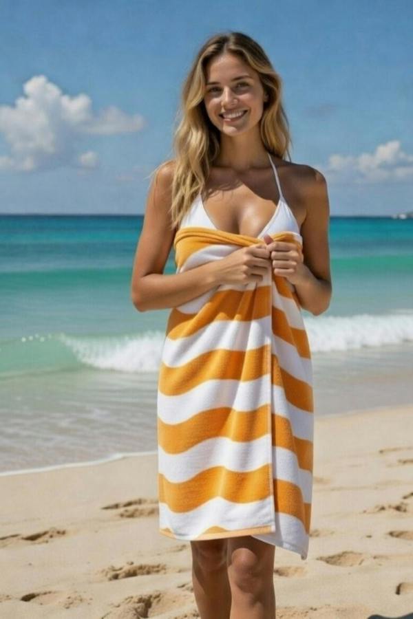 Dyzi Wavy Stripe Cotton Beach Towel Soft Absorbent Quick Dry 70x152cm