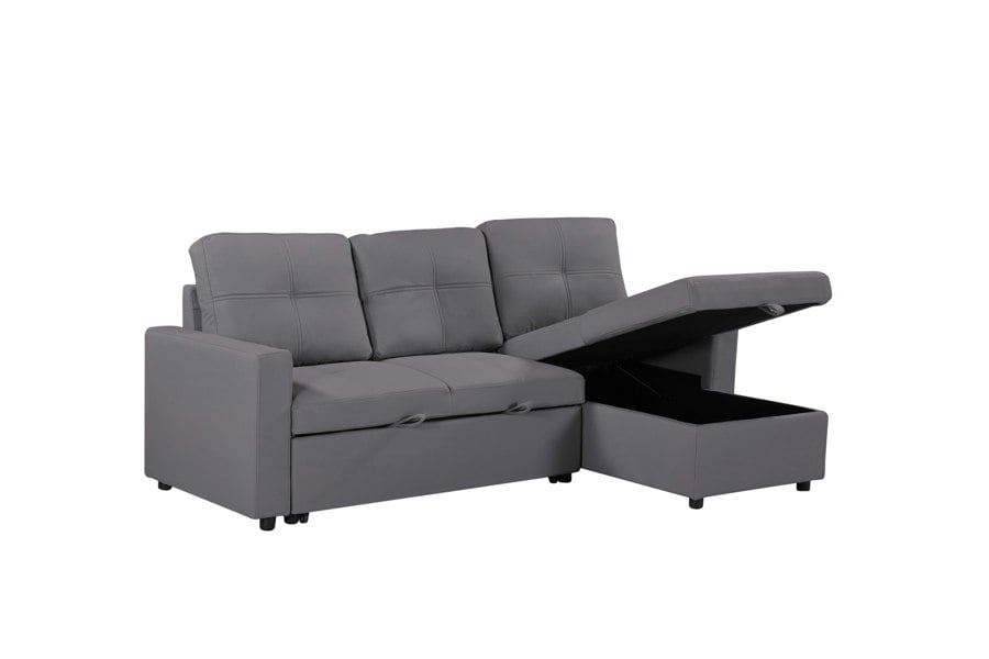 SQUAREBOXX Newport Leather 3 Seater Pullout Sofa Bed in Grey with Storage Compartment