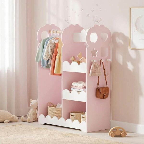 Kids Wardrobe, Children Dress Up Storage with Mirror, Clothes Rail, Shelves, Hangers for Girls Boys Bedroom Nursery Pink