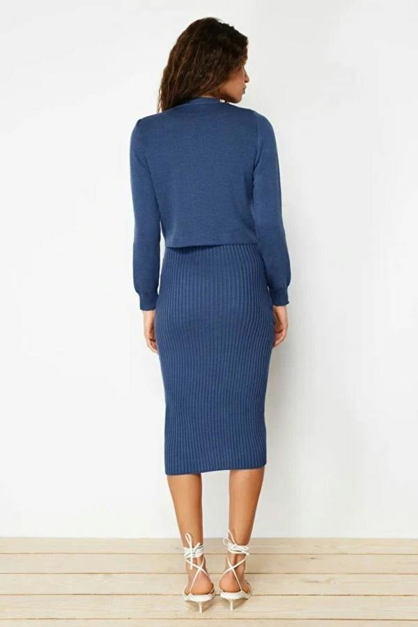 Hoxton Gal 2-Piece Midi Knit Basic Dress with Cardigan