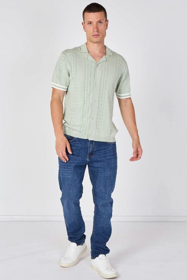 Sage Green Textured Knitted Button-Through Polo Shirt