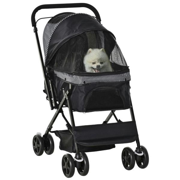 Black foldable pet stroller with canopy, mesh window and front door for small pets