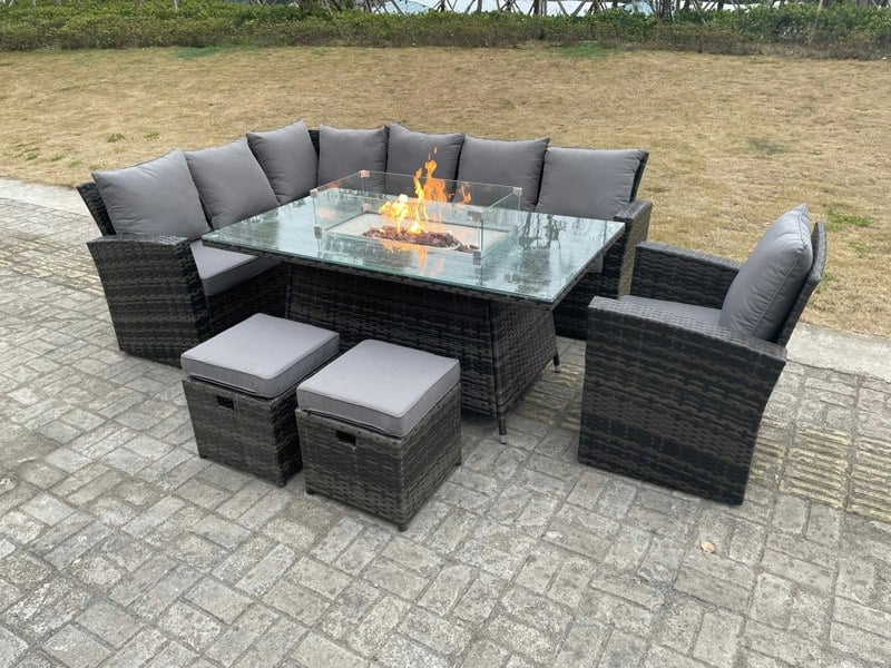 Fimous High Back Rattan Garden Furniture Sets Gas Fire Pit Dining Table Gas Heater Set Left Corner Sofa Small Footstools Chair 9 Seater