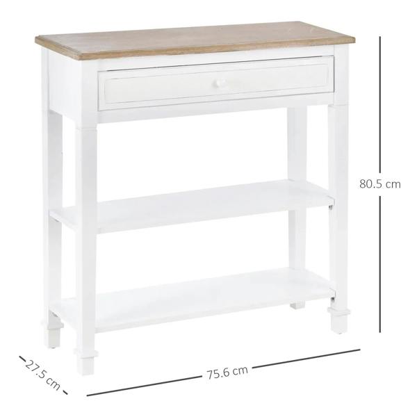 White console table with wood top, wide drawer, and two-tier open shelving