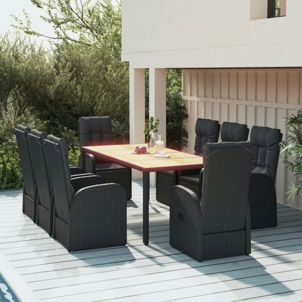 Berkfield 9 Piece Garden Dining Set Black Poly Rattan&Solid Wood Acacia