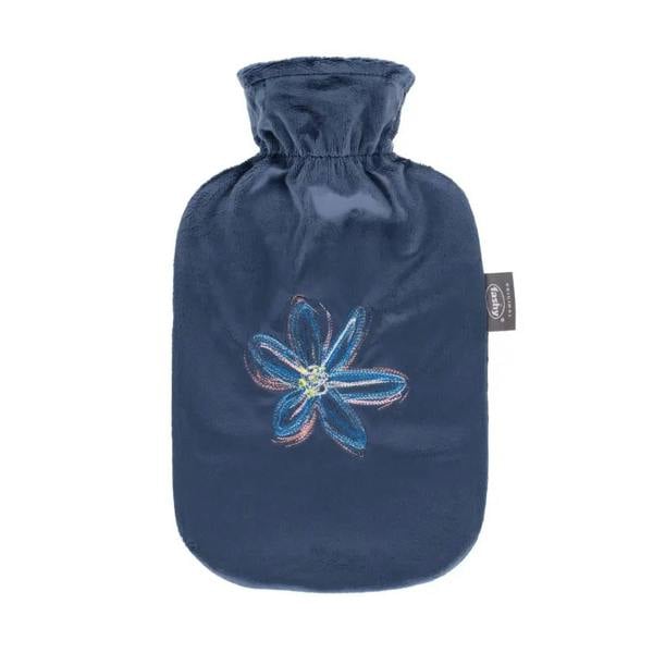 Navy Fashy 2L hot water bottle with blue floral plush cover