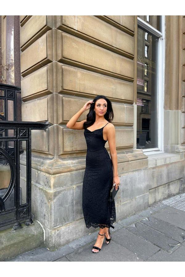 Viviana Strappy Floral Lace Midi Dress - Black