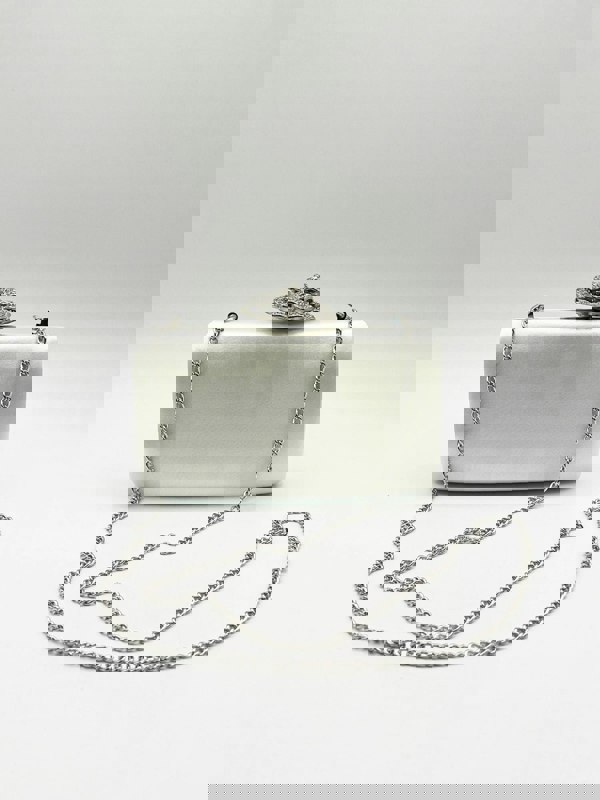 SVNX Satin Clutch Bag with Rose Jewel in Ivory