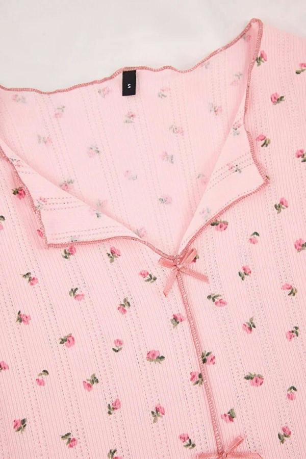 WOVCOR 2-Piece 100% Cotton Floral Ribbon Knit Pajama Set