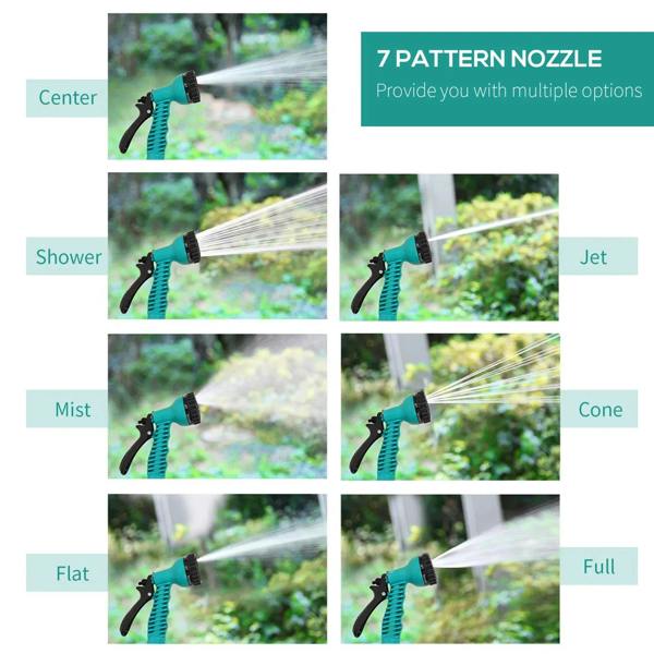7-setting garden spray nozzle showing multiple water spray patterns