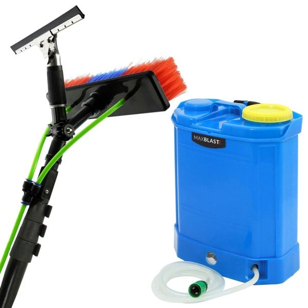 16L blue water fed backpack with yellow cap, 20ft black cleaning pole with red and blue bristles for window cleaning