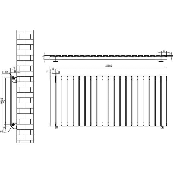 Flat black single column radiator, 600 x 1400mm, featuring vertical slats and precise dimensions for modern heating solutions