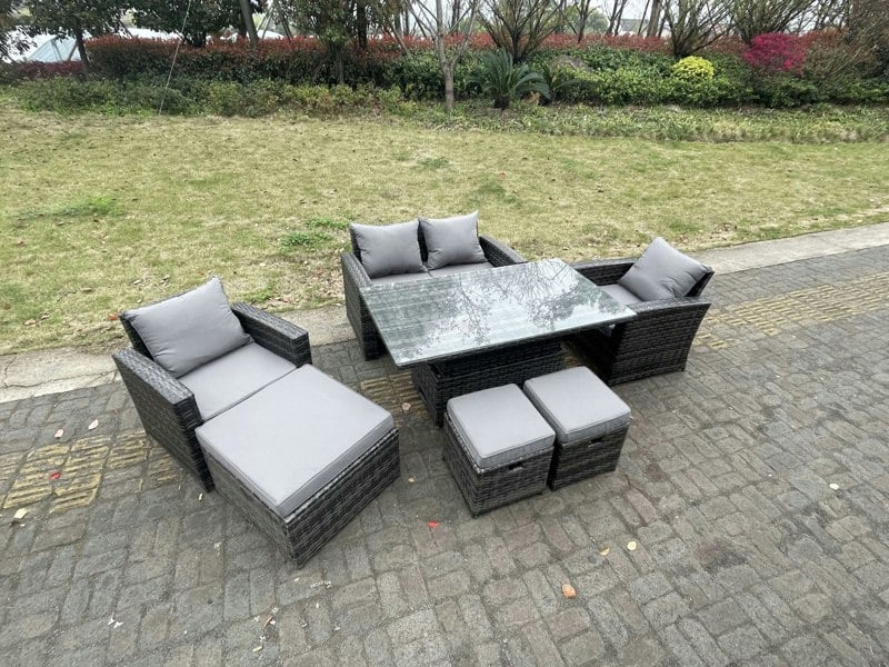 Fimous Rattan Outdoor Furniture Adjustable Rising Lifting Rectangle Dining Table Chairs Two Seater Love Sofa Sets 3 Footstools 7 Seater
