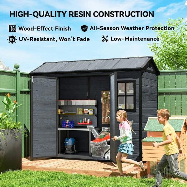 8 x 4 ft Resin Garden Shed, Wood-Effect Outdoor Storage Shed with Floor, Windows, Lockable Doors and Vents, Dark Grey