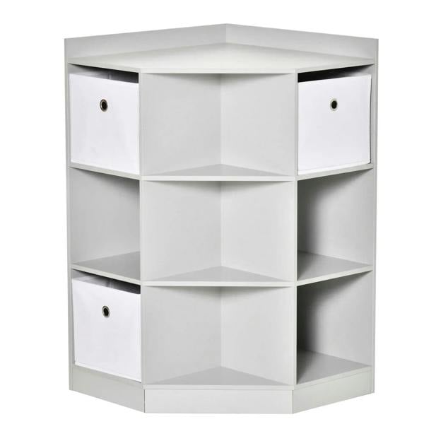 Grey kids 3-tier bookcase with open cubbies and three white fabric drawer bins