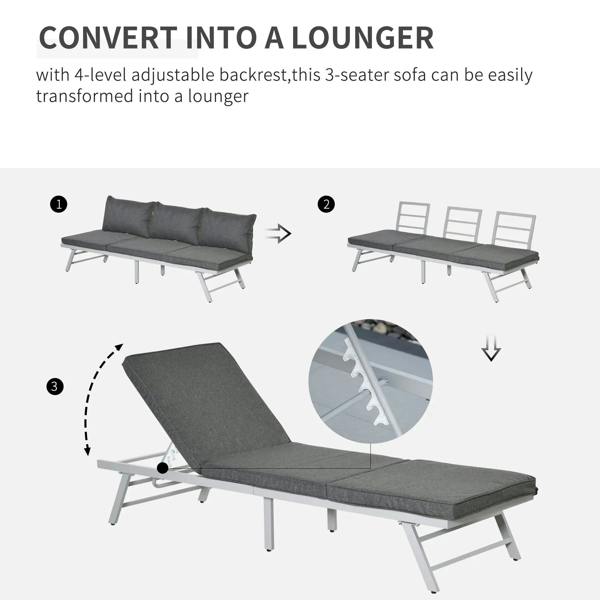 Grey 3-seat patio sofa convertible to lounger with adjustable backrest cushions