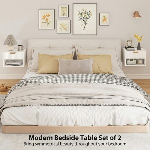 Wyld Haus Ludi Set Of 2 Wooden White Wall Mounted Bedside Tables With Fluted Drawer And Shelf