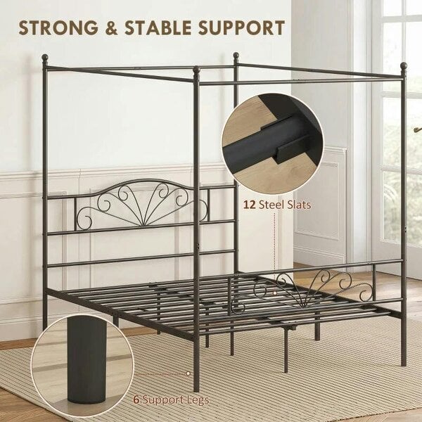 Canopy Bed Frame Double Size, Metal Platform Bed Frame with Headboard and Footboard, Underbed Storage, Black