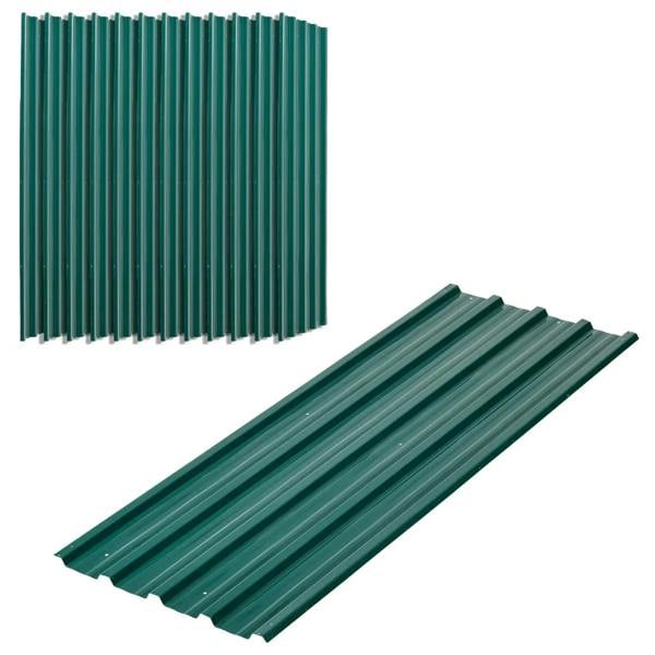 Green corrugated steel roof sheet panels, stacked set with ridged profile