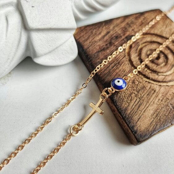 The Colourful Aura Blue Evil Eye Sideways Cross Christian Charm Minimalist Choker Dainty Necklace - Gold - Gold