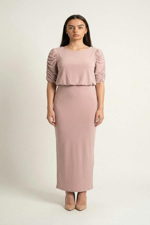 Elvira Ruched Short Sleeve Maxi Dress With Draped Bodice - Dusty Pink