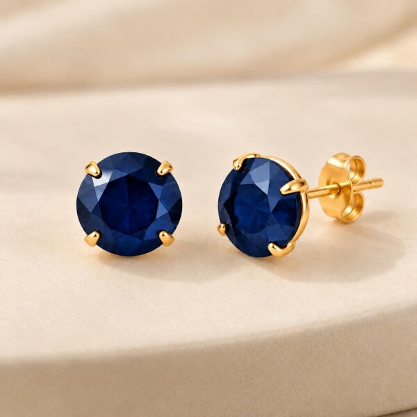 The Colourful Aura Gold Plated Round Coloured Stone Stud Earrings Blue Red Green Yellow Black - Blue