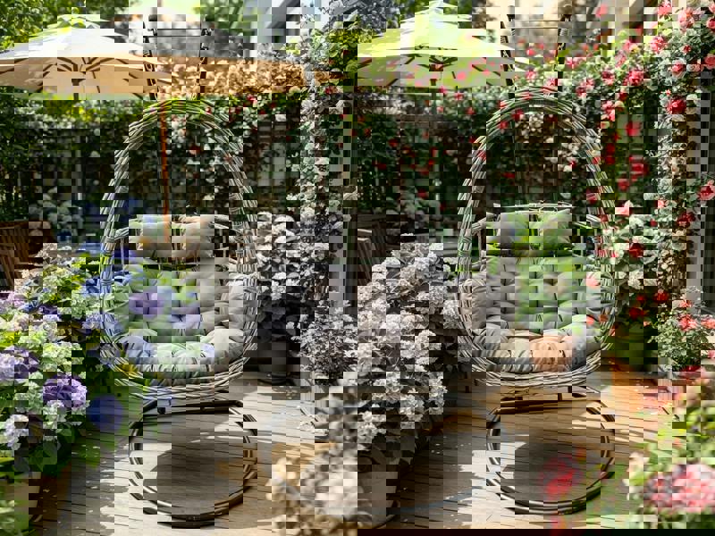 Fimous Rattan Garden 2 Person Hanging Egg Chair Indoor Outdoor Patio Furniture with Grey Cushion