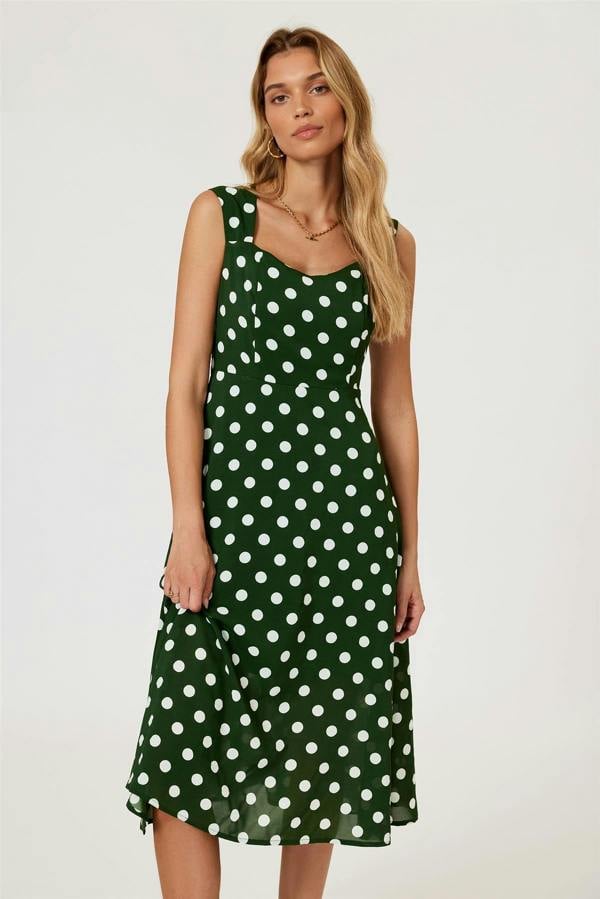 FS Collection Polka Dot Print Heart Neck Midi Green