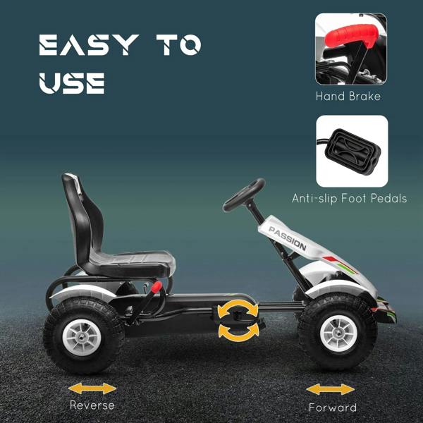 White kids pedal go-kart showing red hand brake lever and anti-slip foot pedals
