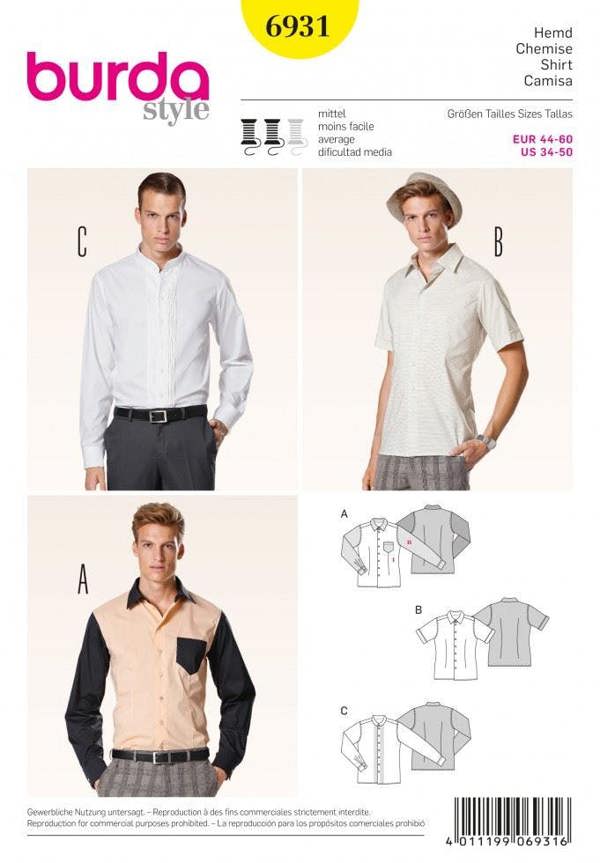 Burda Sewing Pattern 6931 Shirts For Men, 34 to 50 - Intermediate