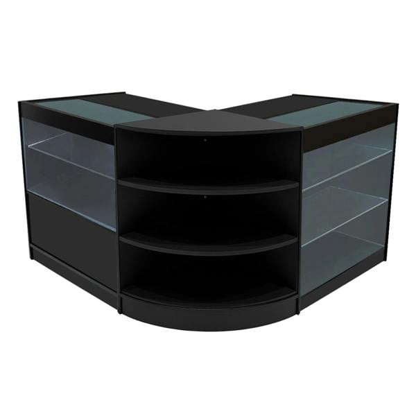 Black Calliope LED shop counter set featuring sleek glass display shelves and a modern, curved design for retail spaces