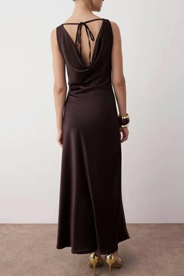WOVCOR A-Line Cowl Neck Satin Maxi Elegant Dress