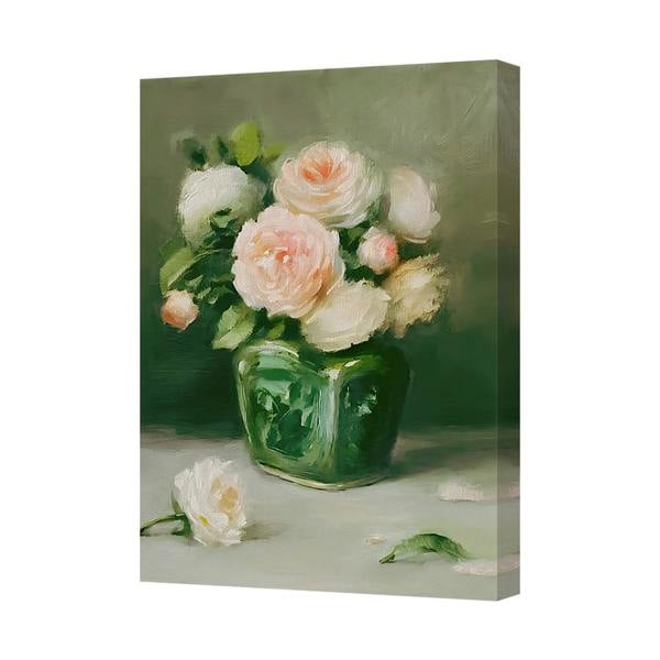 Benjamin Tate Design Handmade Canvas Wall Art Floral Bouquet In Green Glass Vase With Deep Wooden Gallery Frame Made In United Kingdom