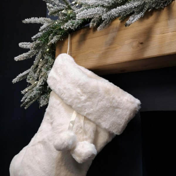 Samuel Alexander 50cm Winter White Faux Fur Hanging Christmas Stocking with Pom Poms