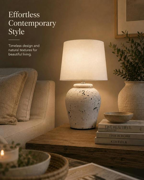 Downton Interiors White Distressed Ceramic Table Lamp with Plain Shade (G2124 Plain)