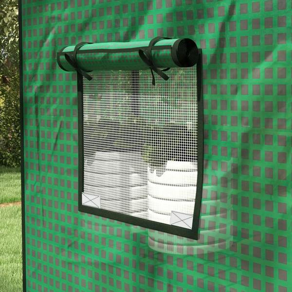 Green greenhouse cover window area with roll-up tube and mesh window panel