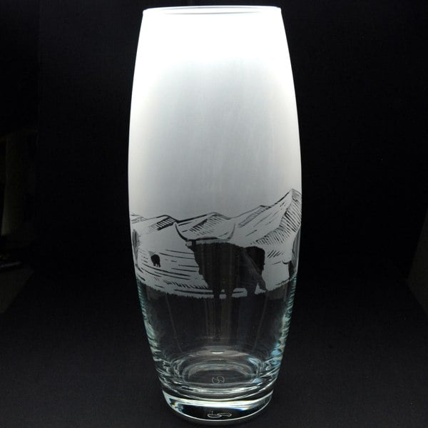 Glyptic Glass Art Highland Cow Glass Botanica Vase - Hand Etched/Engraved Gift