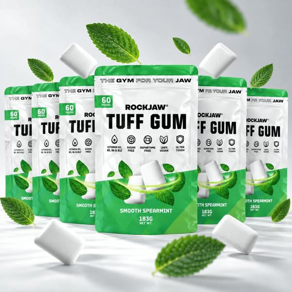 ROCKJAW Tuff Gum 2.0 (Stim-Free) + B Vitamins | Premium Ultra-Tough Jaw Gum - Smooth Spearmint - 1 Year Supply (BEST VALUE)