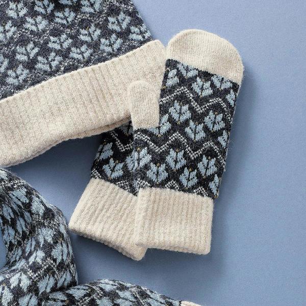 Pia Knitted Mittens, Navy Geometric Winter Mittens with Ecru Cuffs